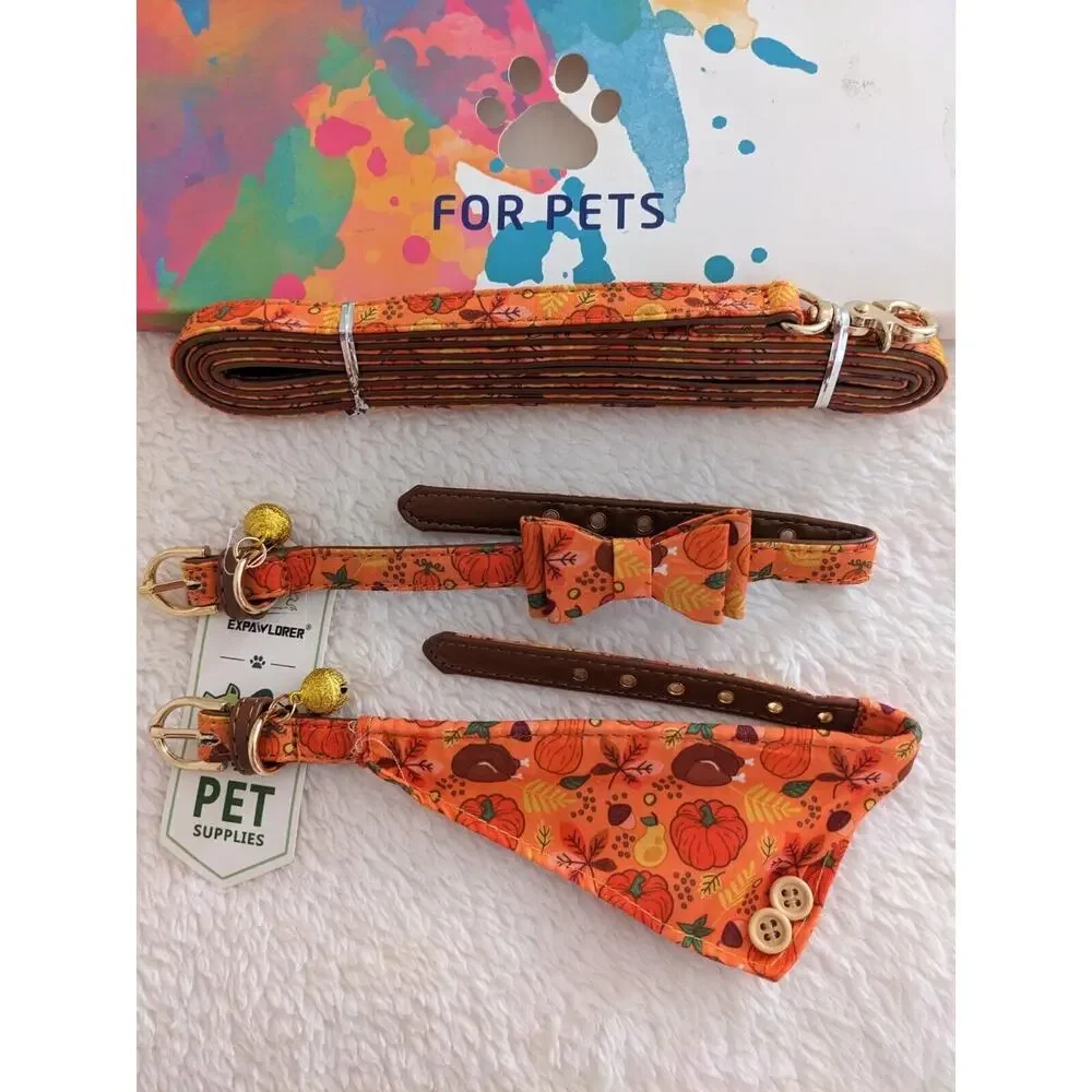 Expawlorer Pet Supplies 2 Collars Leash Set Pumpkin Acorn Thanksgiving Fall S